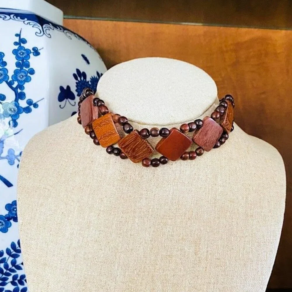 Vintage Handmade Wooden Beaded Choker Necklace With Adjustable Leather Cord